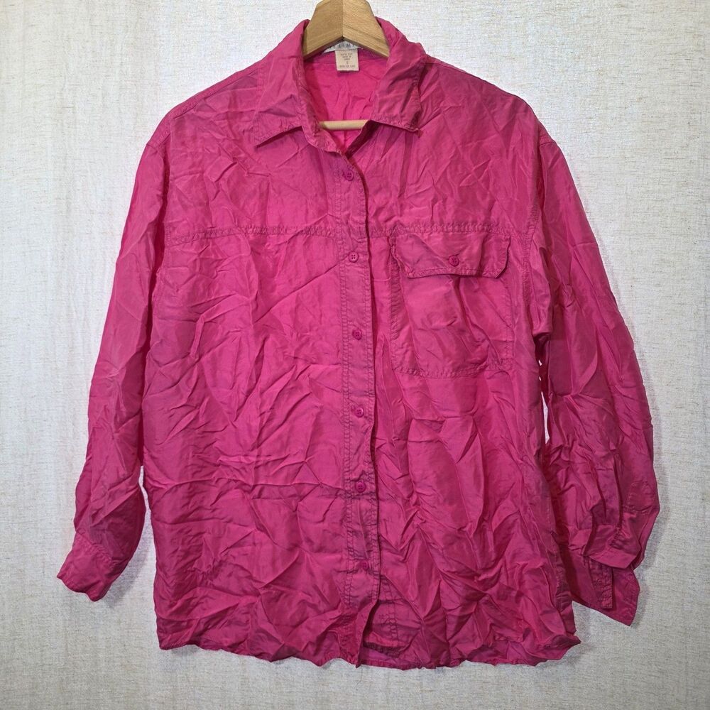 The Limited Hot Pink Button Up Silk Blouse Long Sleeve Collared Pocket Sz Small